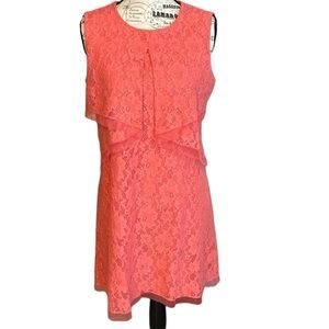 BCBGMaxazria Dress Draped Accent Lace Tulle Coral Size S